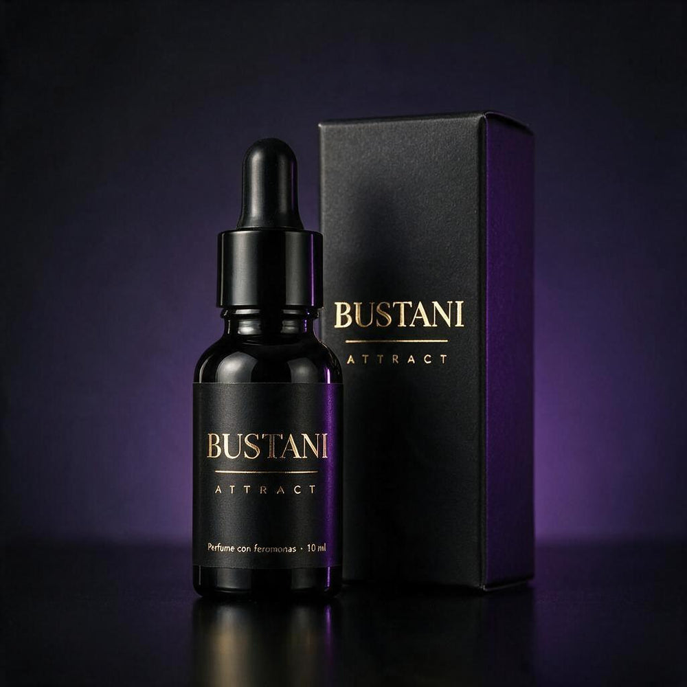 Bustani Attract: frasco negro con gotero y caja negra con letras doradas
