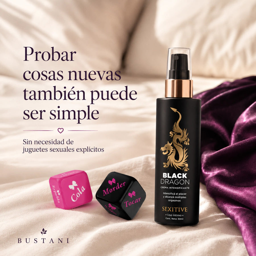 Pack Experiencia Completa: Lubricante Black Dragon + Dados para Parejas - Bustani